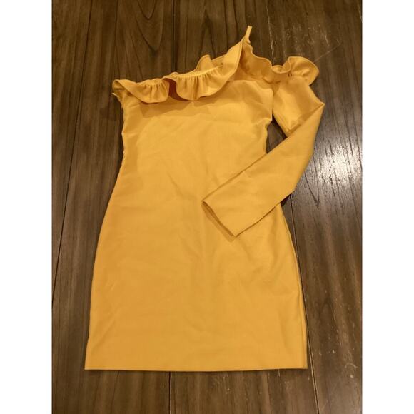 LIKELY One Shoulder Long Sleeve Ruffle Bodycon Mini Dress Mustard Yellow US 4 - Picture 1 of 9